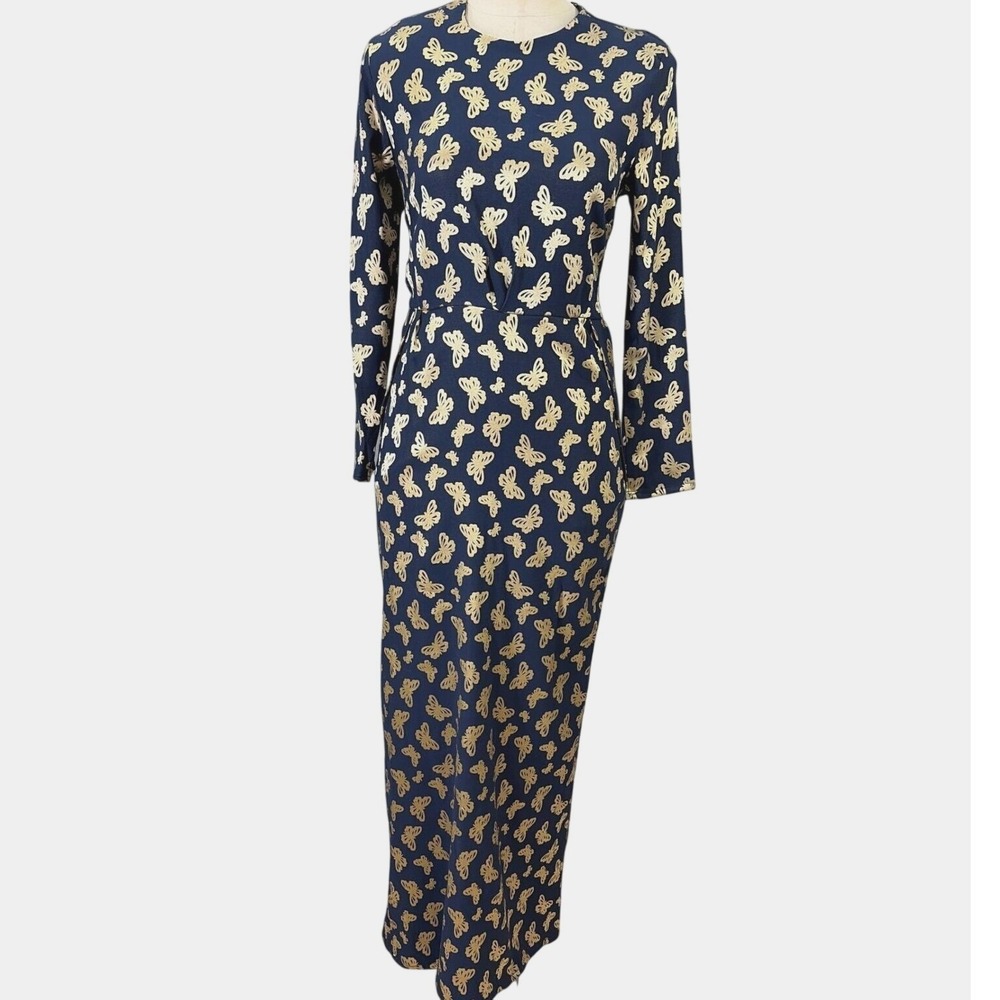 Mustafa Dikmen Butterfly Print Maxi Dress Gold Blue Long Sleeve Size 8/10